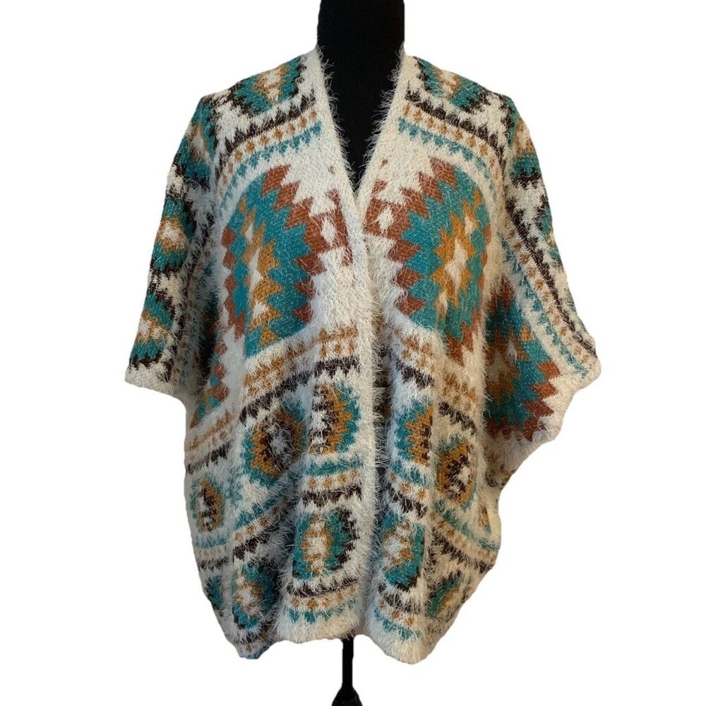 Rockin C Womens Size L/XL Fuzzy Cardigan Wrap Aztec Festival Cowgirl Poncho